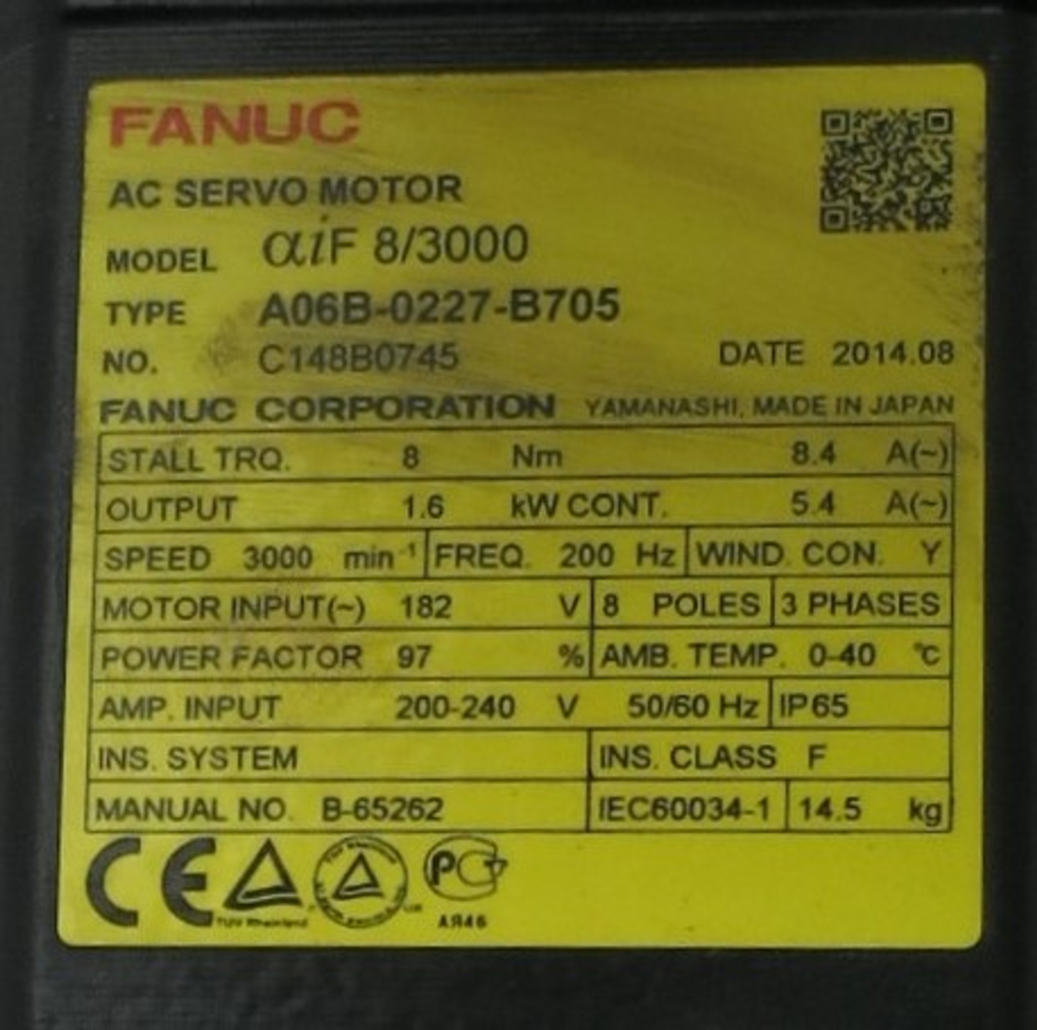 Fanuc aiF 8/3000 A06B-0227-B705 3000 RPM AC Servo Motor Pulsecoder aiAR128  (GA0716-4)